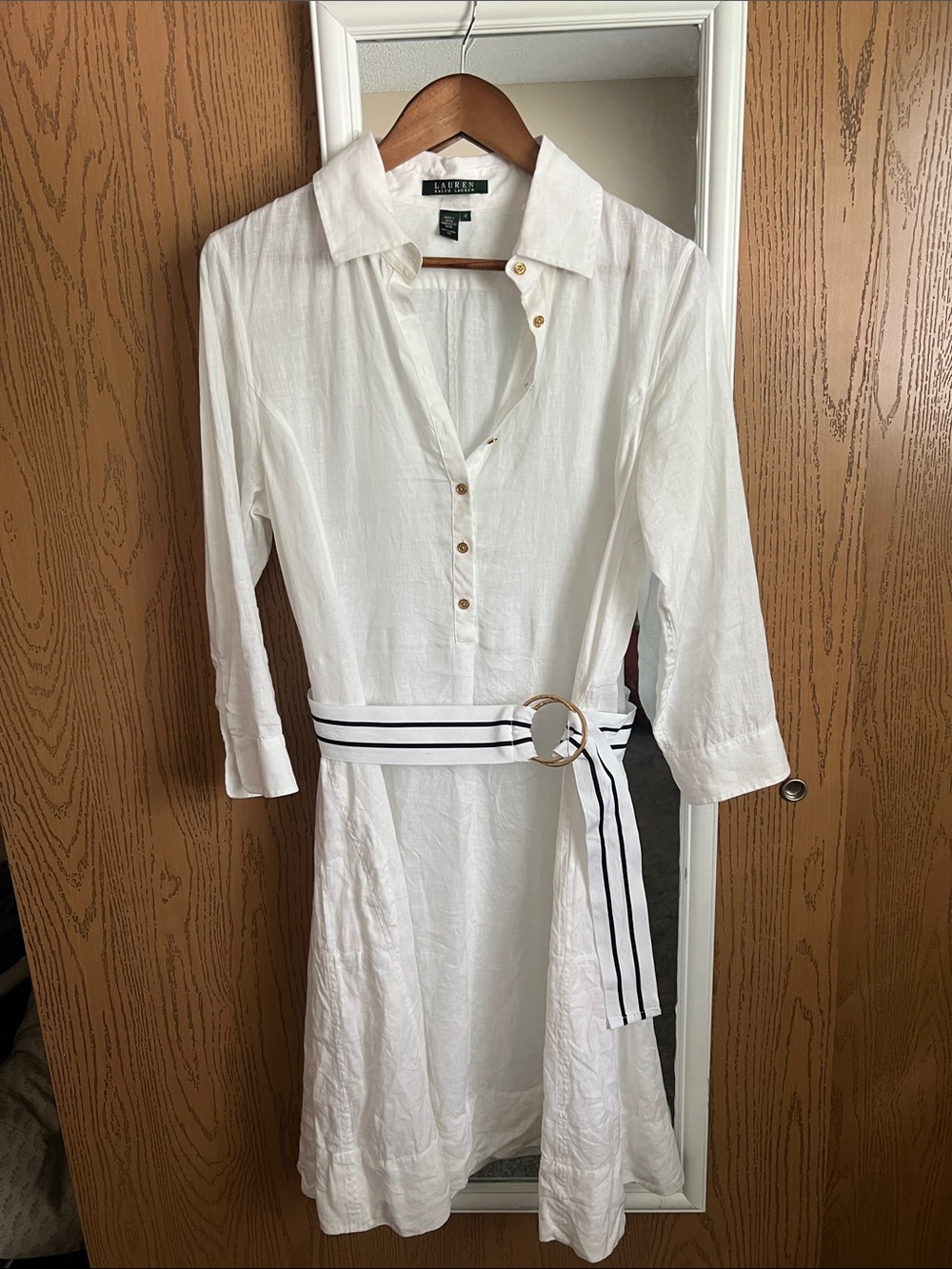 Lauren Ralph Lauren White Long-Sleeve Shirt Dress with Striped Belt